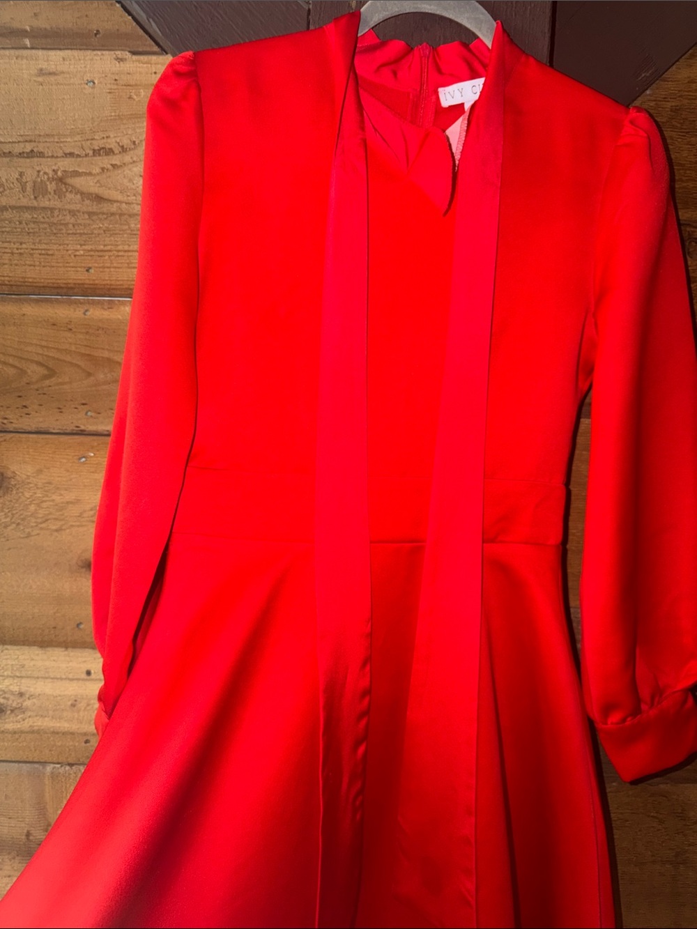 Ivy City Co Red Long-Sleeve Tie-Neck Dress